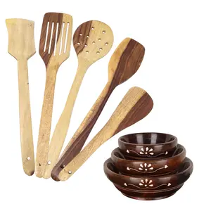 Handicrafts Wooden Bowl Set Of 3, Spoon Set of 5 | 1 Frying, 1 Serving, 1 Spatula, 1 Chapati Spoon, 1 Desert