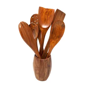 Premium Wooden Spoons for Cooking, Nonstick Wood Kitchen Utensil Cooking Spoons, Natural Sheesham Wood Kitchen Utensils Set (7 Pcs)
