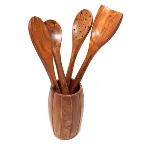 Premium Wooden Spoons for Cooking, Nonstick Wood Kitchen Utensil Cooking Spoons, Natural Sheesham Wood Kitchen Utensils Set (5 Pcs)