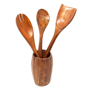 Premium Wooden Spoons for Cooking, Nonstick Wood Kitchen Utensil Cooking Spoons, Natural Sheesham Wood Kitchen Utensils Set (4 Pcs)