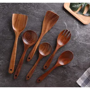 Handmade Wooden Serving and Cooking Spoon, Ladles & Turning Spatulas Kitchen Non Stick Utensil Set of 6