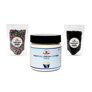 foodfrillz Whipping Cream Powder - All-Purpose/Vanilla (100 g) + Rainbow Sprinkles (50 g) & Chocolate Strands Vermicelli (50 g) Combo Pack 200 g