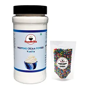 foodfrillz Whipping Cream Powder - All Purpose Vanilla (200 g) + Rainbow Strands Vermicelli (50 g)