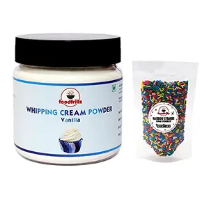 foodfrillz Whipping Cream Powder - All Purpose /Vanilla (100 g) + Rainbow Sprinkles Vermicelli (50 g) for Cake Decoration and Icing