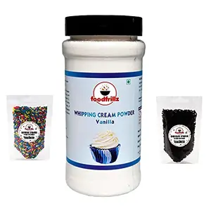 foodfrillz Whipping Cream Powder - All Purpose Vanilla (200 g) + Rainbow Strands (50 g) + Chocolate Strands Sprinkles (50 g)