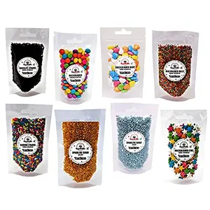 foodfrillz Sugar Sprinkles for Cake Decoration-Choco Vermicelli Strands Rainbow Strands Choco Buttons Multi-Balls Star Heart Golden & Silver Sparkling Sugar Pack of 8 (50 g Each)