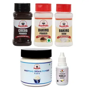 foodfrillz Whipping Cream Powder 100 g Cocoa Powder 70 g Baking Powder 100 g & Baking Soda 130 g Bakefrillz Vanilla Essence (20 ml) Combo Pack of 5