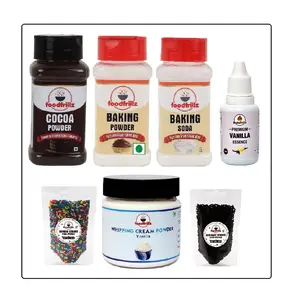 foodfrillz Baking Essential Combo Pack of 7 Ingredients (Cocoa+Baking Powder+soda+Vanilla Essence+Whipping Cream Powder+Rainbow & Chocolate Sprinkles)