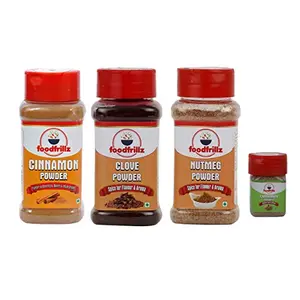 foodfrillz Cinnamon Powder Nutmeg PowderClove Powder & Cardamom Powder(DalchiniJaiphalLaungChhoti Hari Elaichi) Pack of 4