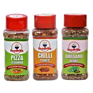 foodfrillz Pizza Seasoning + Red Chilli Flakes + Oregano Herb (Combo of 3)150 GMSSpice Mix for Sprinkle on Pizza Pasta Italian FoodSaladContinental Food
