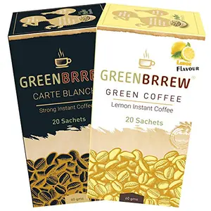Greenbrrew Healthy 100% Natural Strong Unroasted Green Coffee - CARTE BLANCHE & Lemon Instant Coffee Each Pack 60g (20 Sachets per Pack) - Pack of 2