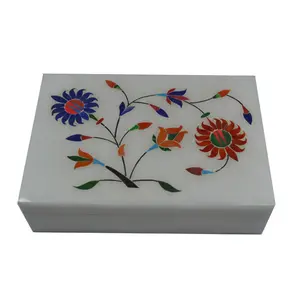 Silkrute Handcrafted Rectangular Marble Box With Inlay Work On Top