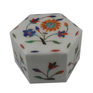 Silkrute Handcrafted Hexagonal Marble Box With Inlay Work On All Sides