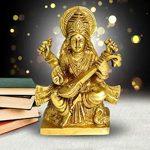 Reiki Crystal Products Brass Saraswati Statue idol Murti Brass Saraswati Idol - Statue for Home Decoration Showpiece or gifts Indian Hindu Deity Success (Weight -300-350 Gram) Approx (Weight -690-750 Gram) Approx