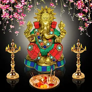 Reiki Crystal Products Brass Ganesha Idol Murti Brass Ganesha with Stone Idol Statue for Home Decoration Showpiece or Gifts Indian Hindu Deity Success Good Luck God Brass Statues (Weight : 750 - 850 Gram) Approx
