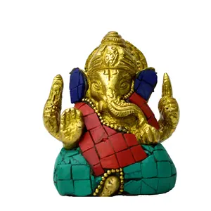 Silkrute Brass Lord Ganesha Statue Embedded With Semi Precious Stone