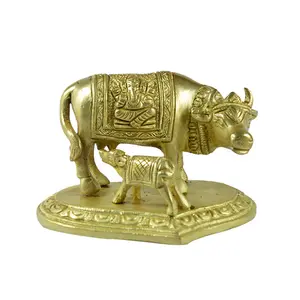 Silkrute Brass Cow with Calf - Lord Ganesha Carving on Saddle
