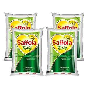 Saffola Tasty Refined Cooking oil | Blend of Rice bran & Corn oil | Pro Fitness Conscious | 4 x 1 Litre pouch
