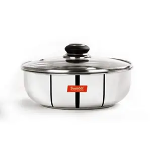 Sumeet Stainless Steel Encapsulated Bottom Induction and Gas Stove Friendly Tasra with Glass Lid - (2.5Ltr - 23.5cm) Silver