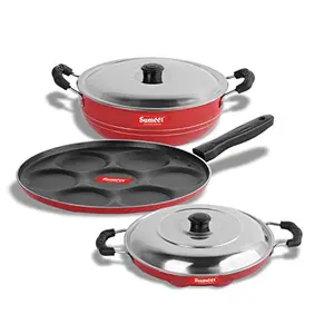 Sumeet 2.6mm Thick Non-Stick Red Joy Combo Set (Multi Snack Maker  26.5cm Dia + Kadhai with Lid  1.5Ltr Capacity- 20cm Dia + Grill Appam Patra with Lid  23cm Dia)