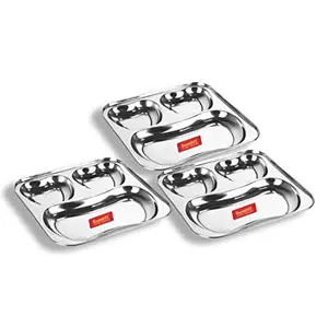 Sumeet Stainless Steel 3 in 1 Pav Bhaji Plate/Compartment Plate 24.5cm Dia - Set of 3pc