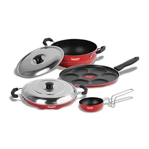 Sumeet Multi Snack Maker 26.5cm Dia Kadhai with Lid 1.5Ltr Capacity 20cm Dia Grill Appam Patra with Lid 23cm Dia and Tadka Pan 10cm Dia 2.6mm Thick Non-Stick Aluminium Ulaan Cookware Set Red