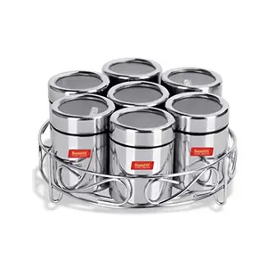 Sumeet 7in1 Stainless Steel + See Through Lid Masala Stand/Dry Fruit Stand with Stand and 7 Spoons