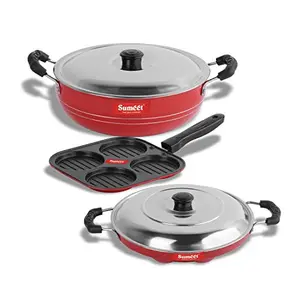 Sumeet 2.6mm Thick Non-Stick Red Star Combo Set (Mini Multi Snack Maker  19.5cm Dia + Kadhai with Lid  1.5Ltr Capacity- 20cm Dia + Grill Appam Patra with Lid  23cm Dia)