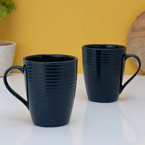 Clay Craft Striped Navy Fine Ceramic Milk/Coffee Mug - 340 ml Each - 2Pc (Navy Stripes - 2 Pcs)