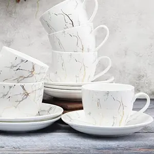 Clay Craft Marble Finish Cup & Saucer Set of 12 ( 6 Cups + 6 Saucers) - 180 ml Each (White)