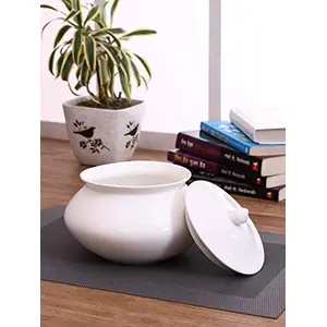 Clay Craft Bone China Basics Handi Big/Dahi Handi/Dahi Pot/Yoghurt Pot/Serving Bowl with Lid (1500 Ml White)