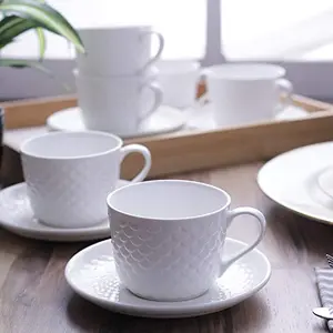 Clay Craft Basics Ripple Style White Plain Cup & Saucer Set of 12 Pcs- 8 Ounce Specialty Tea DrinksCoffeeLatte - Bone China