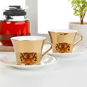 Clay Craft Mirror Series Tiger Pattern Cup & Saucer Set of 6 (6 Cups + 6 Saucers)- 210 ml Gold Medium