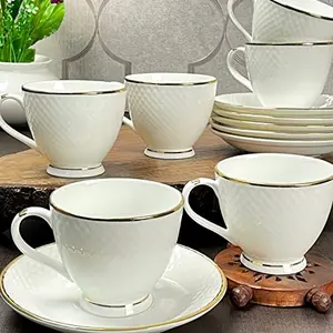 Clay Craft Fine Ceramic 22k Gold Line Cup & Saucer Set of 12 (6 Cups + 6 Saucers) - 180 ml Each (Cup Diamond)