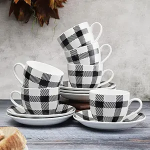 Clay Craft Fine Ceramic Cup and Saucer Set of 12 (6 Tea Cups + 6 Saucers) Checked Stripes for Birthdays Anniversaries Parties Mother Father Sister - Black & White