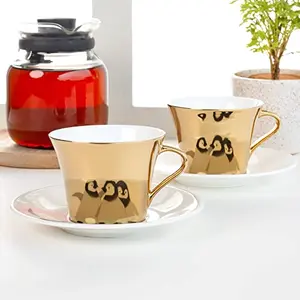 Clay Craft Mirror Series Baby Penguins Pattern Cup & Saucer Set of 6 (6 Cups + 6 Saucers) - 210 ml Gold