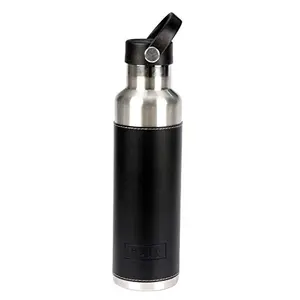 HOMEISH Polo Lifetime Vacuum Insulated Hot Cold Stainless Steel Bottle/Flask with Removable Leatherette Sleeve Exterior (700ml) (Black)