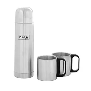 HOMEISH Polo Lifetime Stainless Steel Double Walled Insulated Flask Bottle and Mug Gift Set (Flask - 1 Pc x 500ml Mug - 2 Pcs x 200ml Approx.)