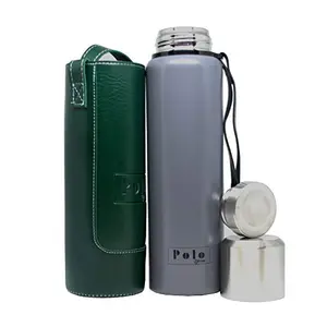 ELEMENT Polo Lifetime Vacuum Insulated Hot Cold Stainless Steel Bottle Flask with Removable Leatherette Cover Shoulder Strap (1.2 Ltrs) (Grey)