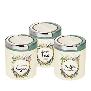 Trueware Lift up STC Canister Set of 3 Sugar Tea & coffee 750 ml each with Plastic Body BPA free (Green)