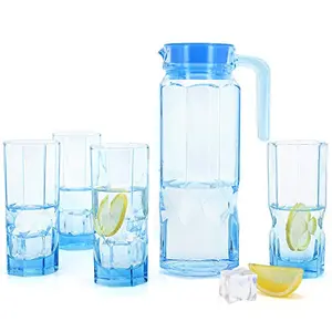 Luminarc Set of 5 Glass Pitcher and Cups 1 Pitcher and 4 Drinking Water Tumblers for Homemade Ice Tea & Juice or lemonade Beer Beverage Party Carafe with Cups Ideal Gift Drinking Cup Set