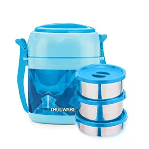 Trueware Office Plus 2 Lunch Box 3 Stainless Steel Containers Tiffin Insulated Lunch Box Outer Plastic Body BPA Free|300 ml x 2 200 ml x 1|-Sky Blue