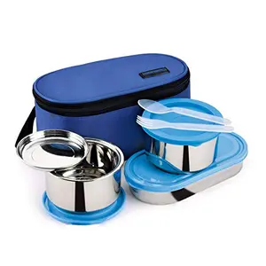 Trueware Bon Bon 2+1 Lunch Box with Stainless Steel Tiffin Box for Office & School Use- Blue 300ml x2500 ml x1