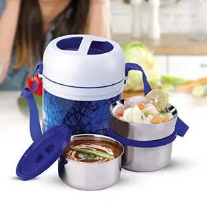 Trueware Office 2 Lunch Box 3 Stainless Steel Containers Tiffin Insulated Lunch Box Outer Plastic Body BPA Free|300 ml x 2 200 ml x 1|-Blue