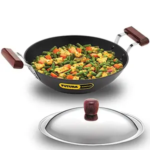 FUTURA Hawkins Futura Nonstick Induction Compatible Deep-Fry Pan (Kadhai Flat Bottom) with Stainless Steel Lid Capacity 2.5 Litre Diameter 26 cm Thickness 3.25 mm Black (IND25S)