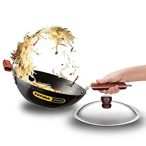 Hawkins Futura Nonstick Induction Compatible Stir-Fry Wok (Deep-Fry Pan Flat Bottom) with Stainless Steel Lid Capacity 3 Litre Diameter 28 cm Thickness 3.25 mm Black (INW30S)