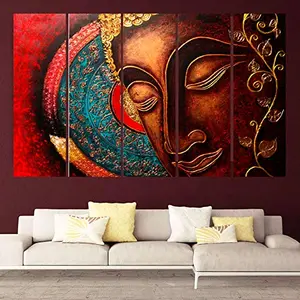 kyara arts wooden framed Buddha wall painting with frame multicolor 30 inch x 50 inch set of 5