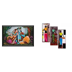SAF Radha Krishna Design Exclusive Painting With Frame For Home & Office Decoration(35 cm X 50 cm X 3 cm) & Modern Art 6Mm Miff Framed Set Of 3 Digital Reprint 15 Inch X 18 Inch Painting Sanfj21 Combo