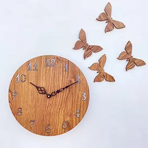 Sehaz Artworks Simple-Butterflies Manufactured Wood 10 inch Designer Wall Clock for Home and Kitchen - Beige