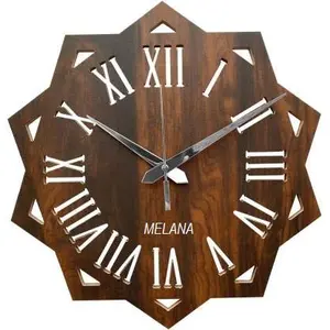 MELANA Decorative Round Hexagon Design MDF Wooden Silent Wall Clock with Roman Numerals (Dark Brown)
